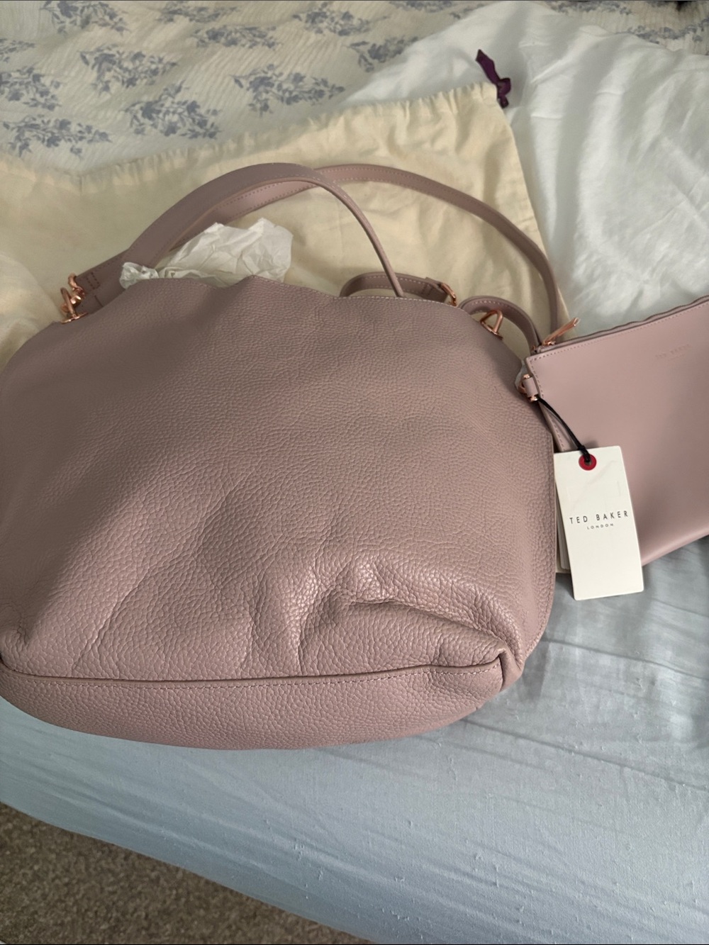 Ted Baker Dusty Pink Leather Shoulder Tote with Detachable Pouch - Picture 2 of 5